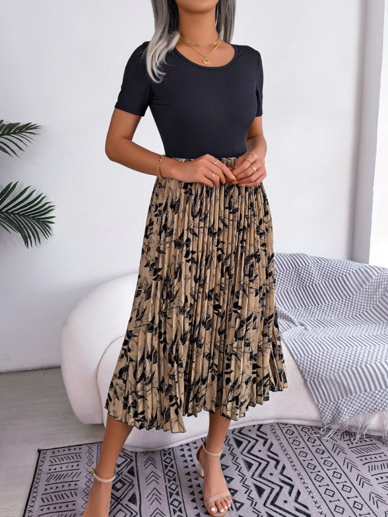 Casual High-Waist Pleated Midi Dress with Leaf Print - Image 3