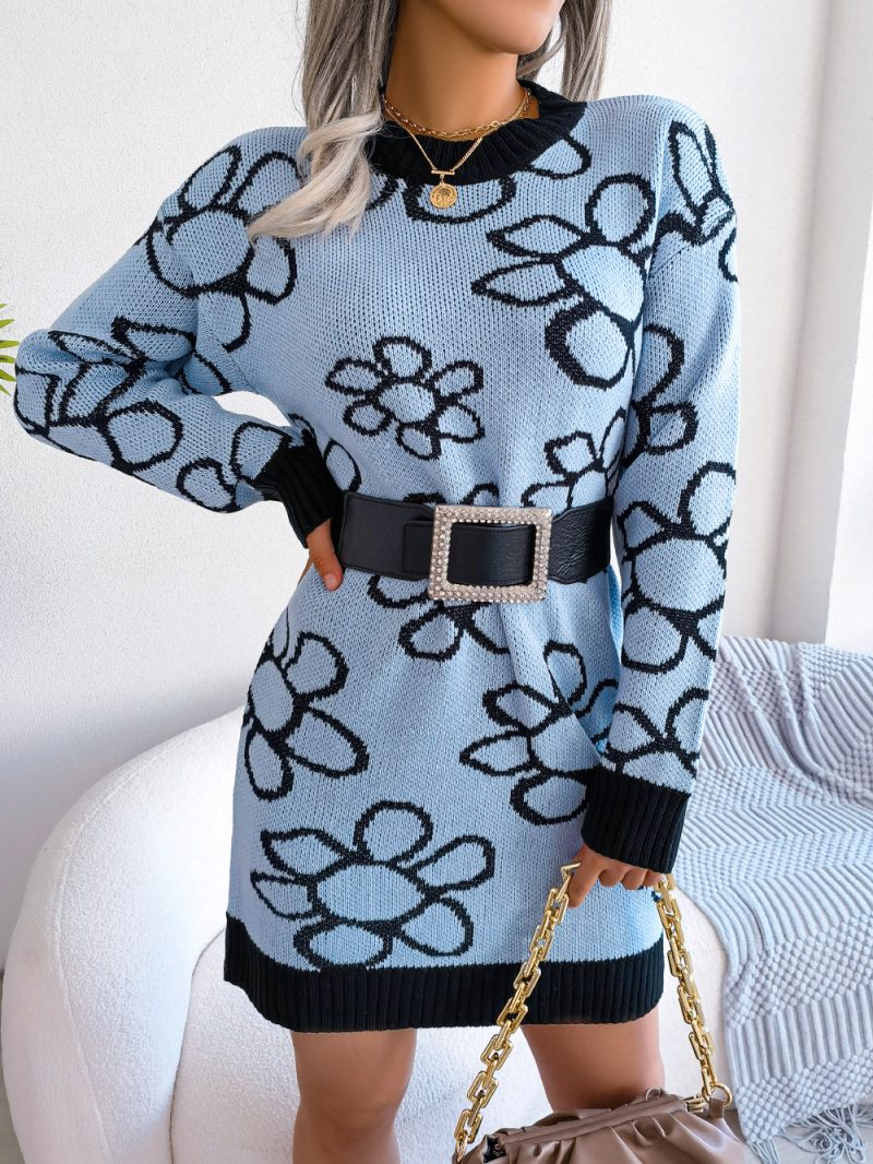 Floral Long Sleeve Knit Wool Dress - Image 3