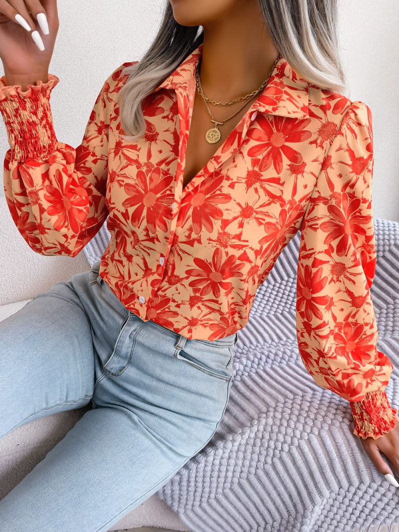 Casual Floral Collared Shirt with Lantern Sleeves - Image 5