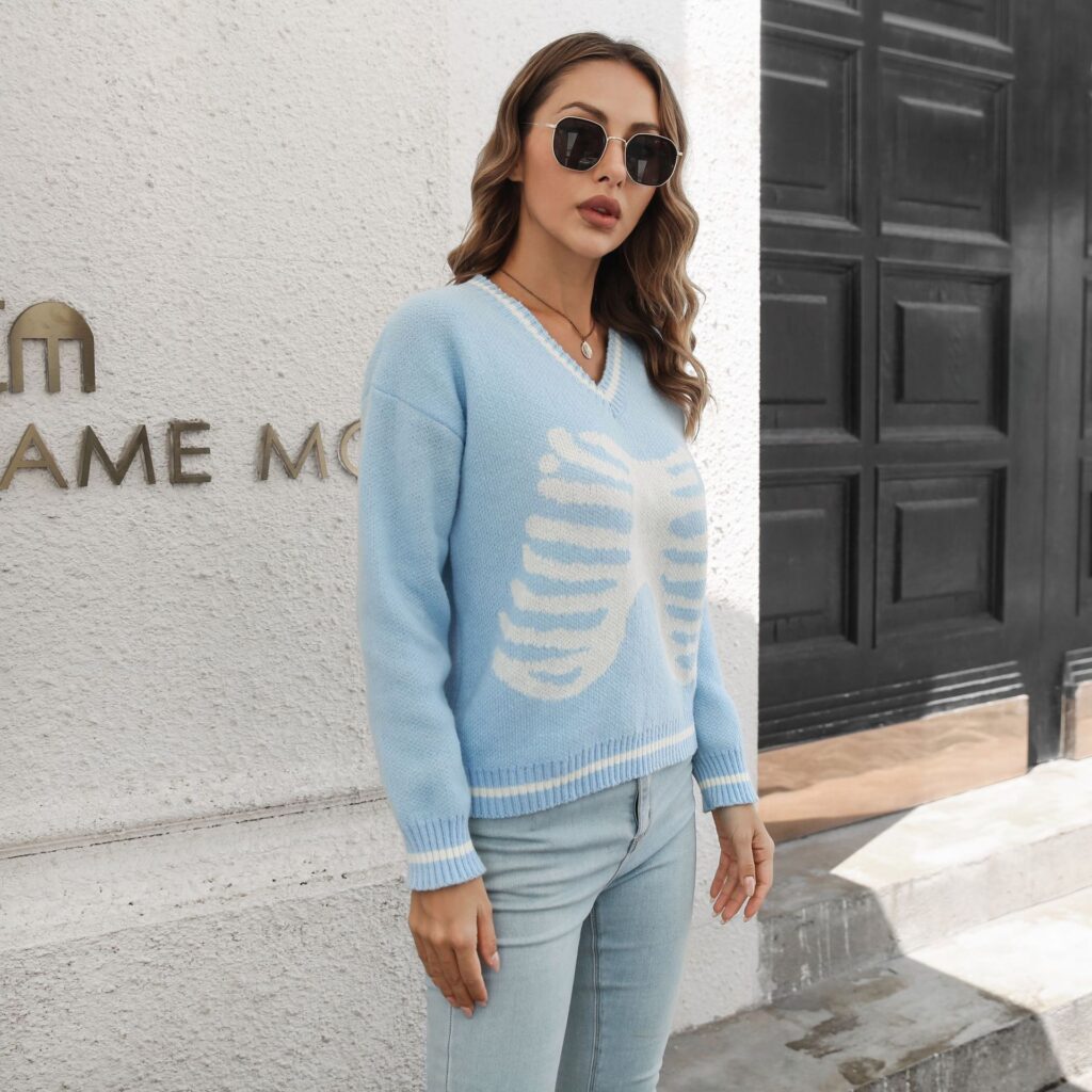 Skull Jacquard V neck Sweater Women  Loose Autumn Halloween Long Sleeve Knitwear Sweater - Image 3