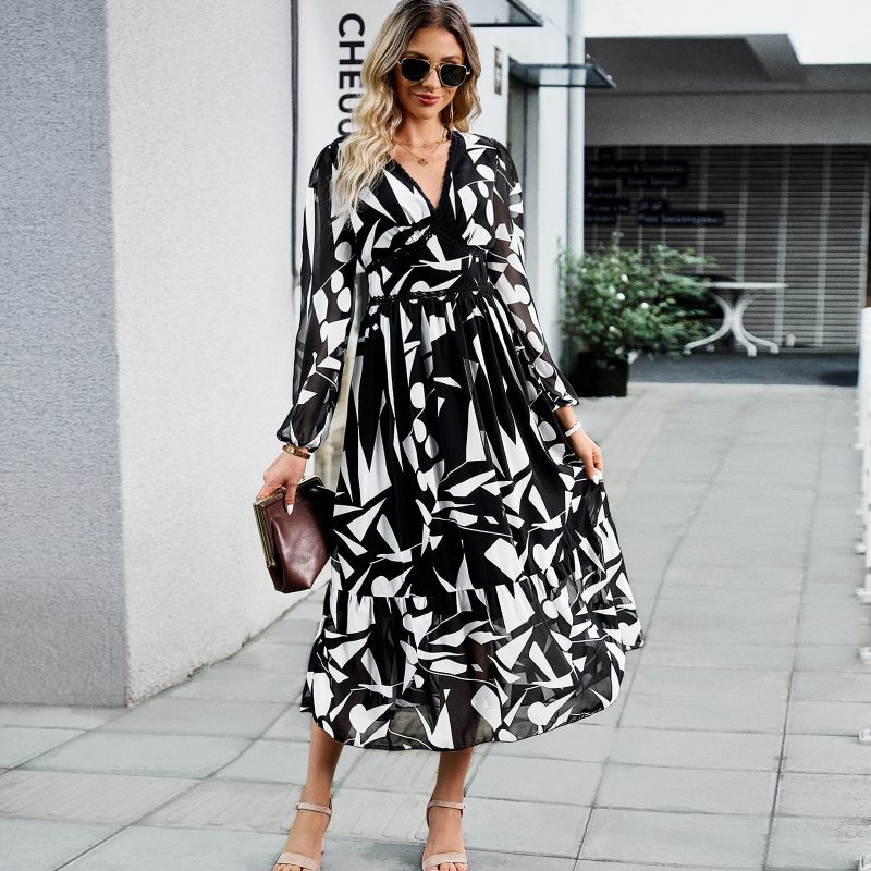 Vacation V-neck Long Sleeve Dress - Autumn