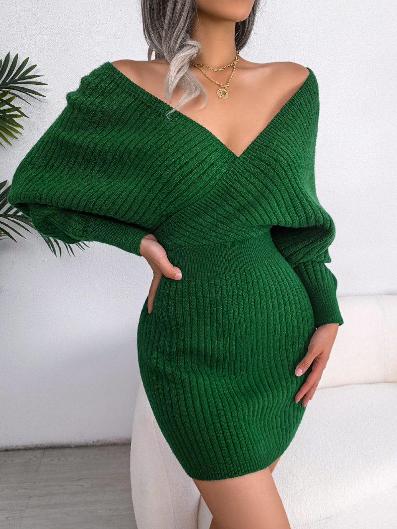 Criss Cross V-Neck Sheath Woolen Dress - Image 6