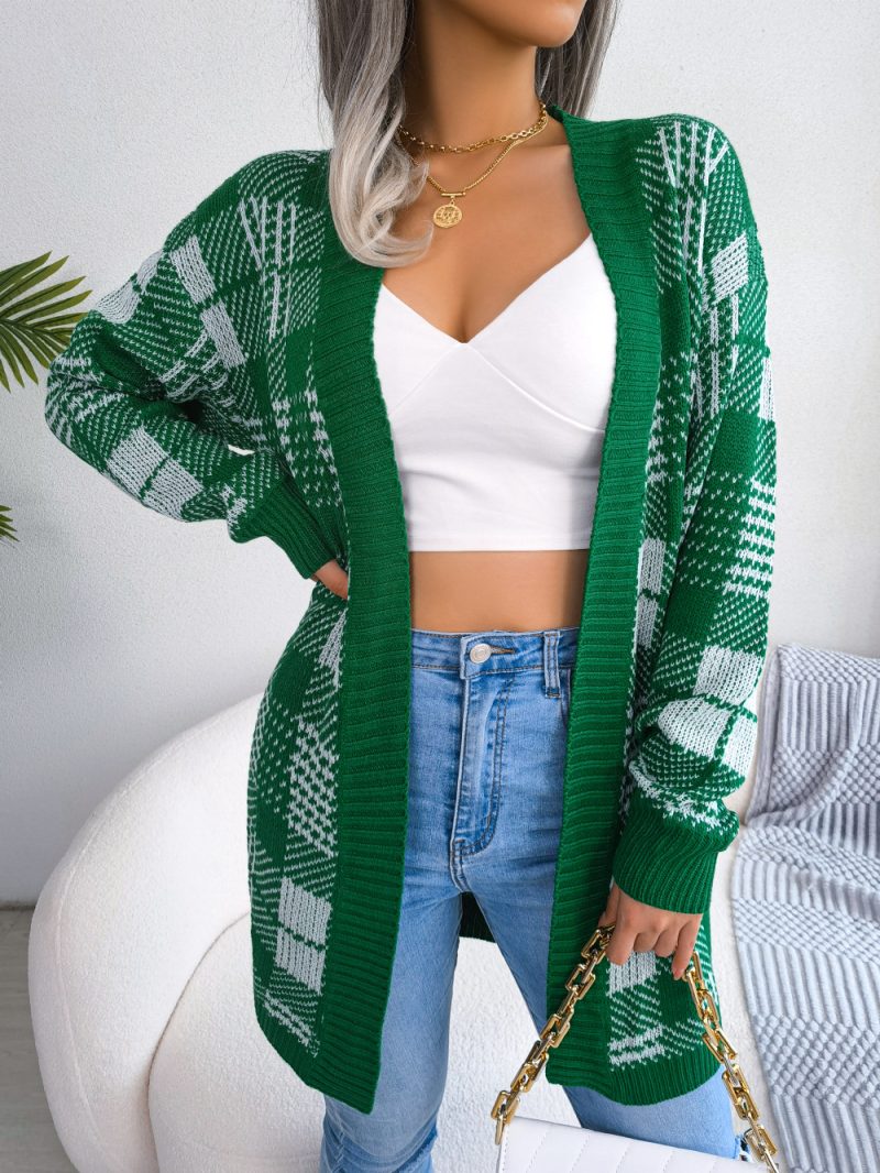 Plaid Lace-Up Lantern Sleeve Cardigan - Image 8