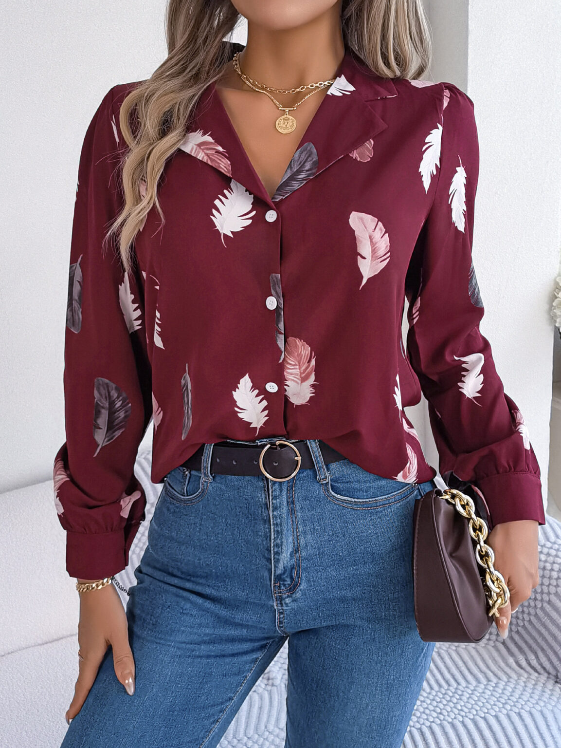 Feather Printed Suit Collar Long Sleeve Shirt - Image 4