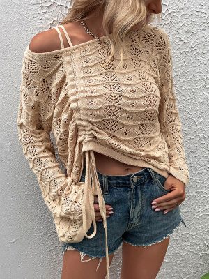 Solid Color Hollow Cutout Drawstring Women Knitwear Top