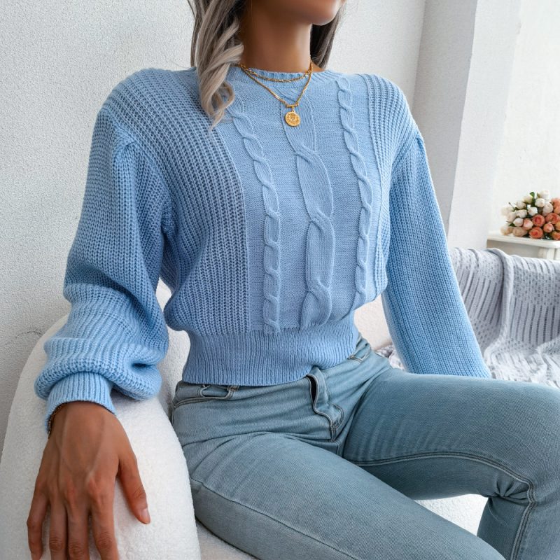 Lantern Sleeve Waist-Trimming Knitted Sweater - Image 4