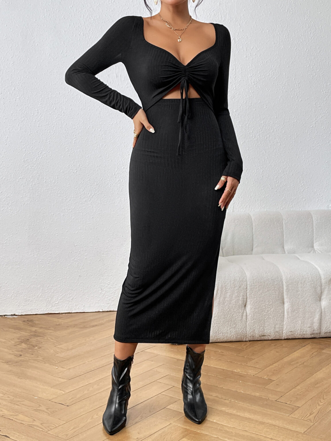 Sexy Deep V-Plunge Split Sleeve Dress - Image 3