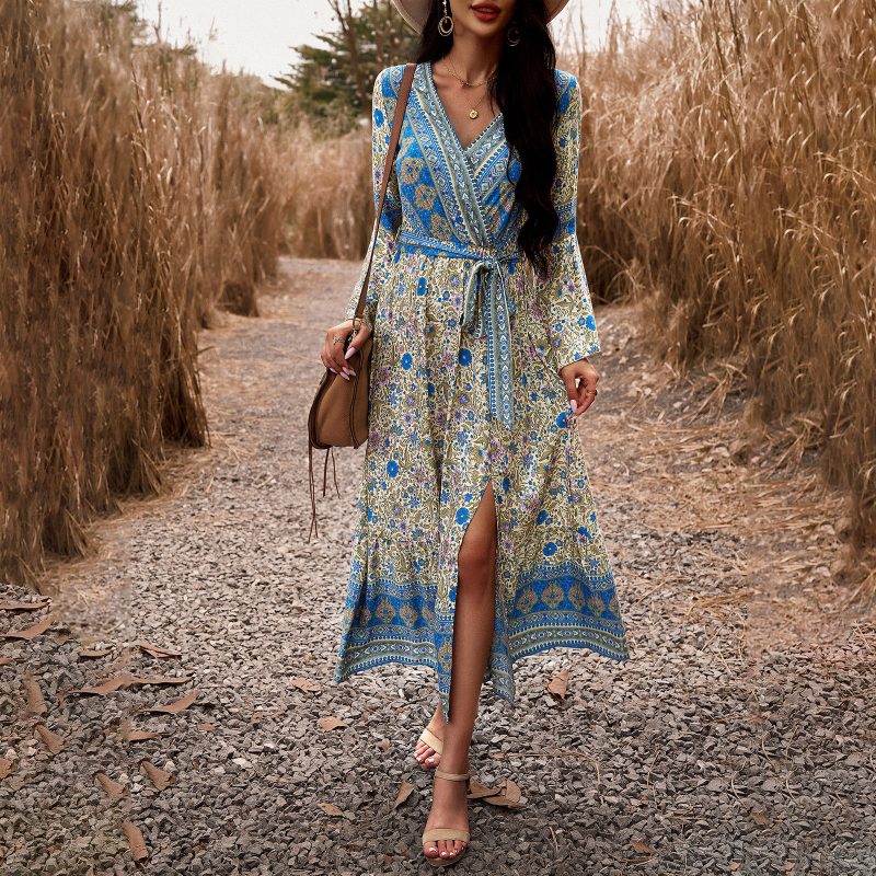 Casual V-neck Printed A-line Dress - Autumn/Winter - Image 3