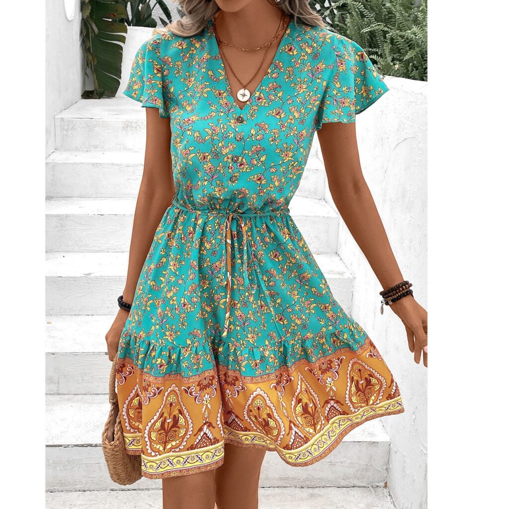 Women's Floral Print Slim Fit V-Neck Dress - Image 4