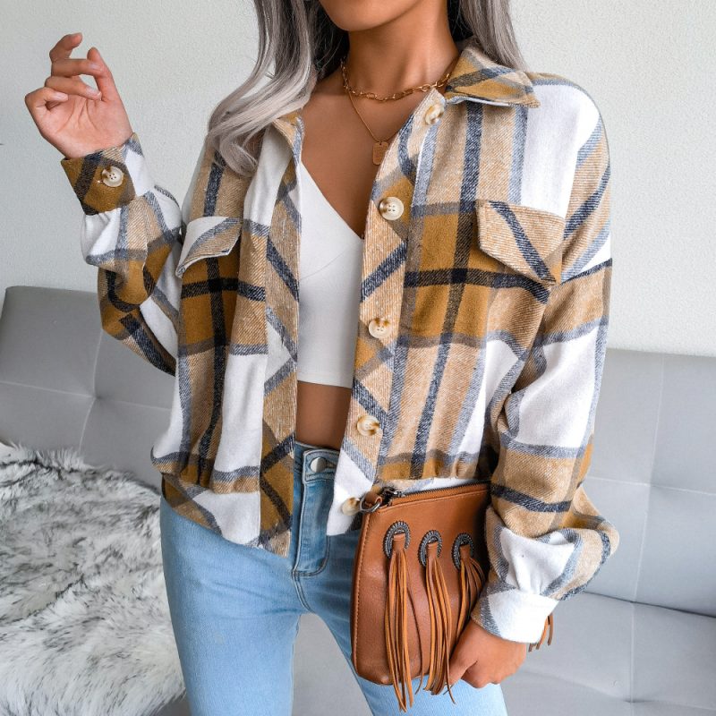 Plaid Lantern Sleeve Woolen Shacket - Image 3