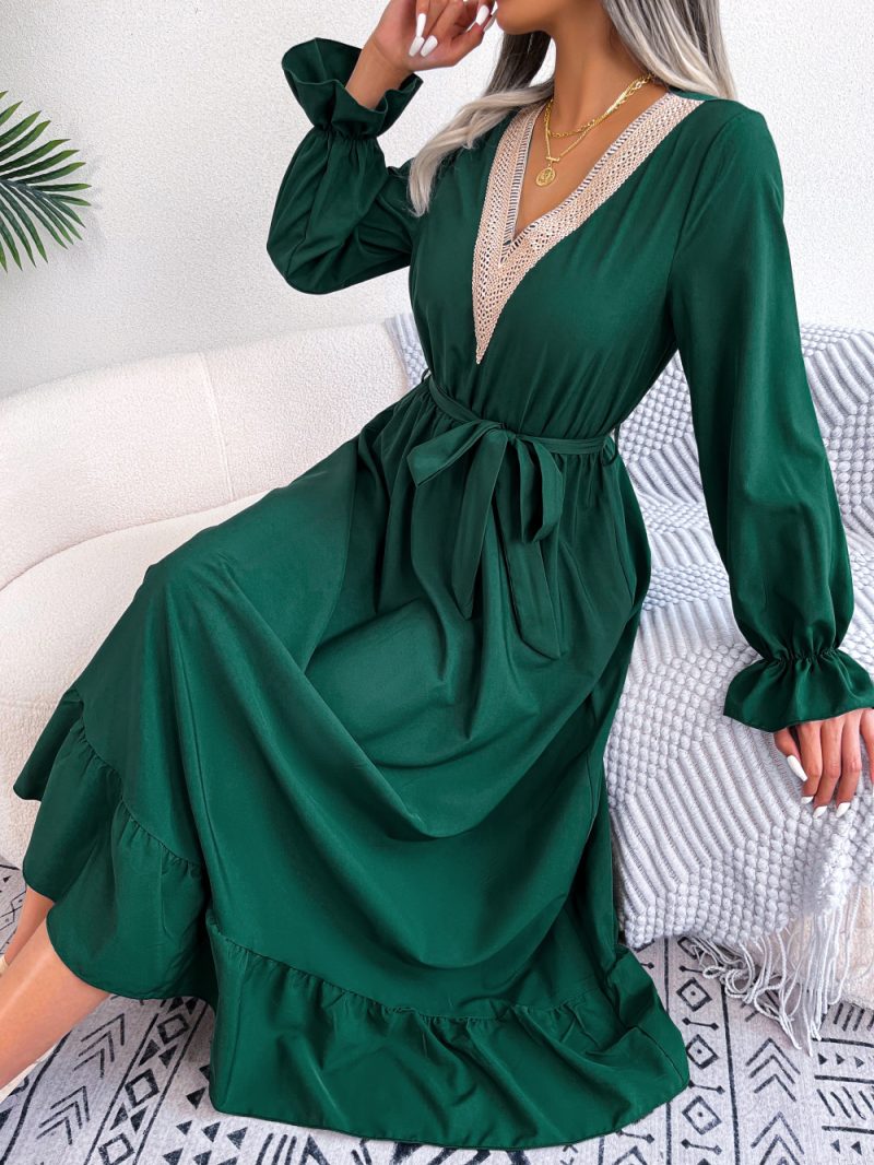 V-Neck Lace Waist-Trimming Ruffles Maxi Dress - Image 5