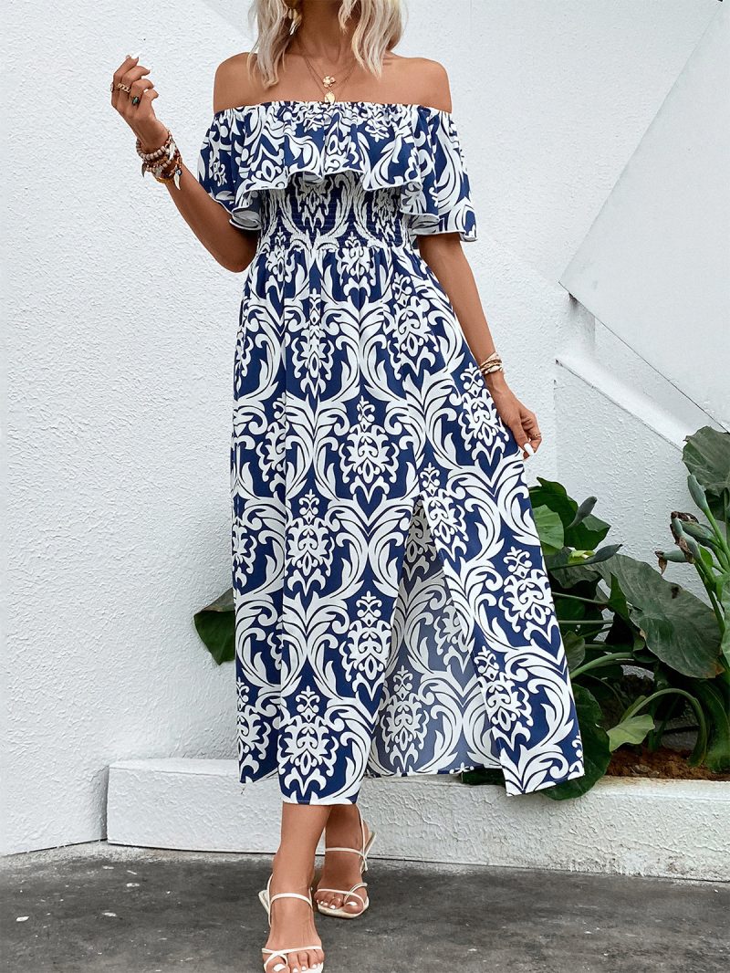 Off-Shoulder Slit Printed Summer Dress - Women's Fashion - Image 2
