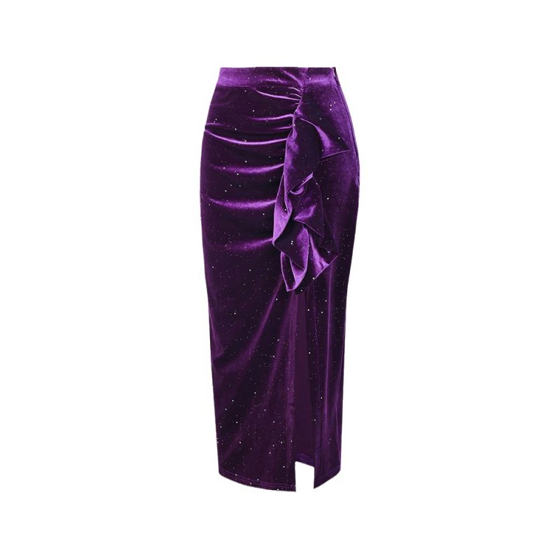 Autumn Winter Skirt Velvet Pleated Tassel High Slit Long Skirt - Image 5