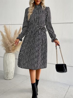 Autumn Women Clothing Pleated Print Long Sleeved Dress for Women