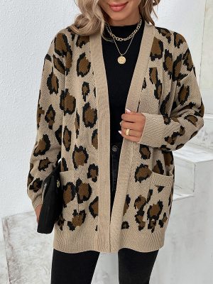 Stylish Leopard Print Contrast Color Cardigan Coat