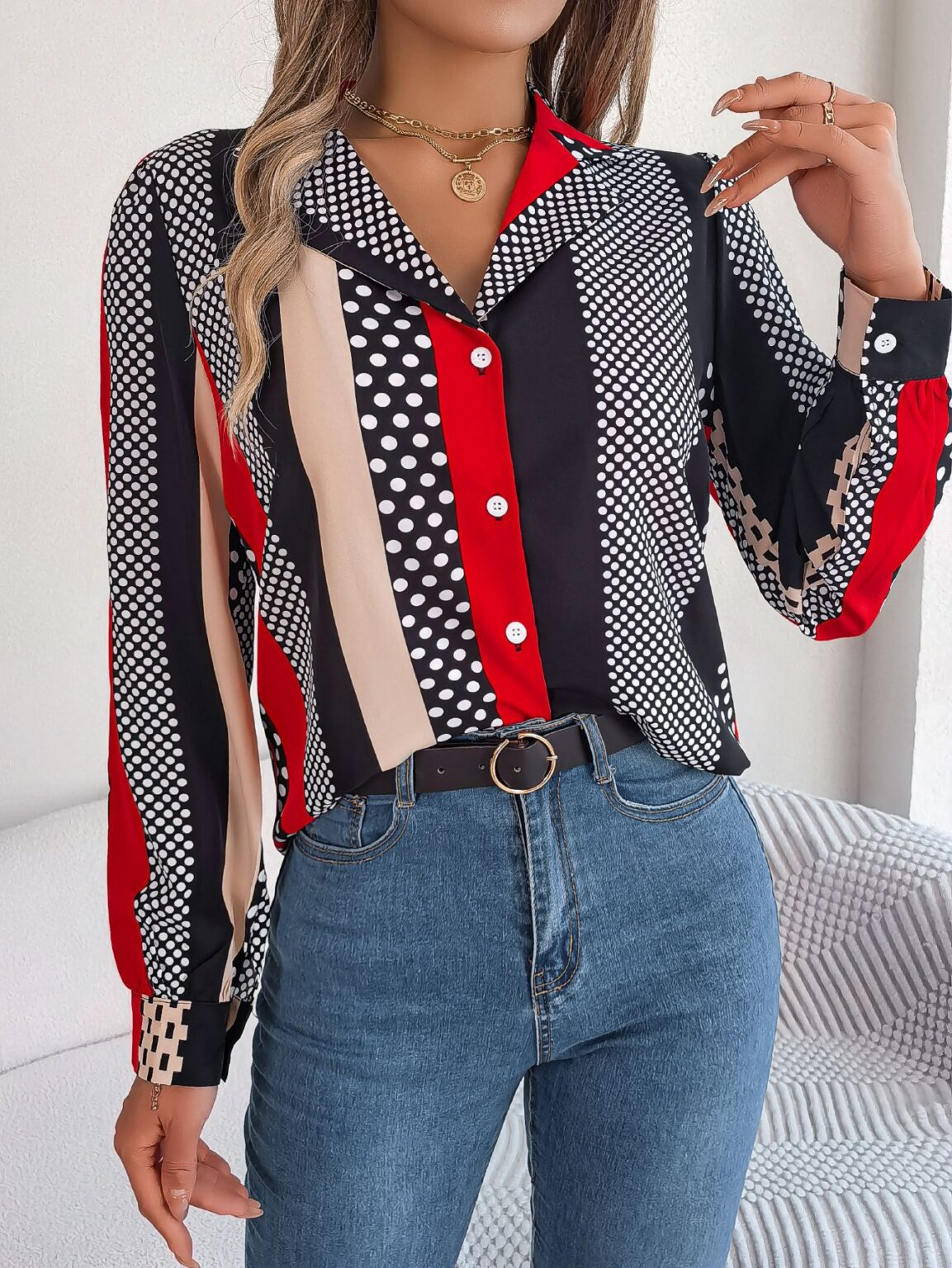 Contrast Color Polka Dot Collar Long Sleeve Shirt - Image 3