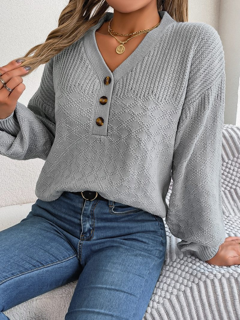 Loose V-Neck Buttons Pullover - Autumn Winter Women's Fashion - Image 3