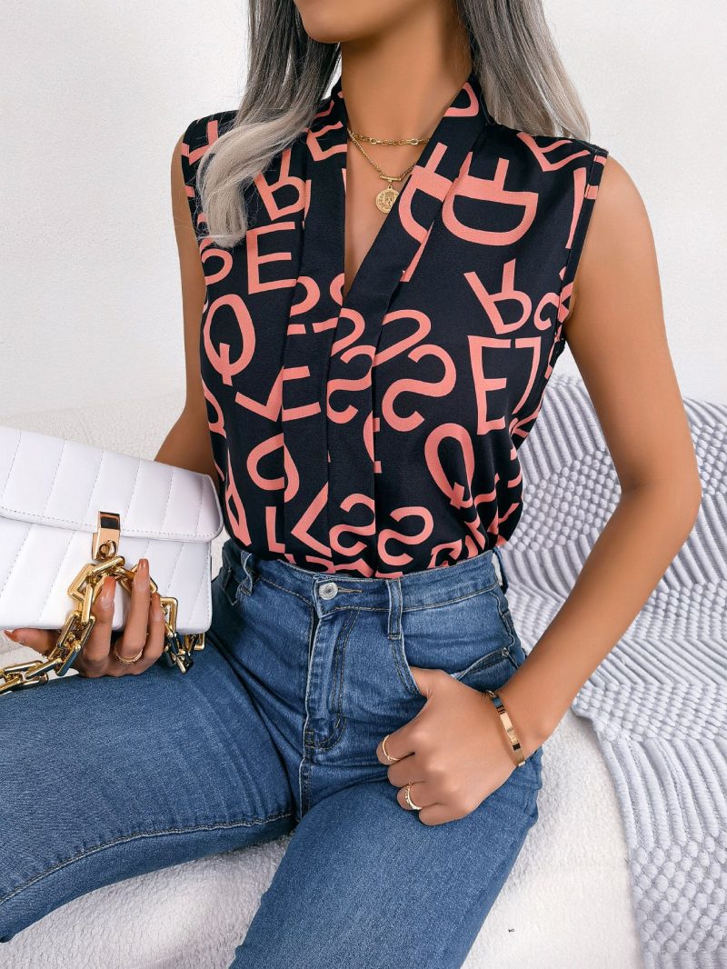 Casual Office Letter Graphic V-Neck Chiffon Blouse Top - Image 2