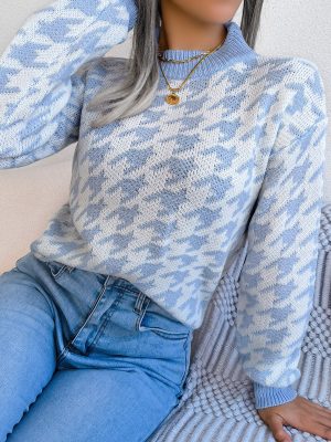 Houndstooth Long Sleeve Knitted Sweater