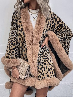 Autumn Winter Fur Collar Cape Cardigan Leopard Print Shawl Sweater for Women