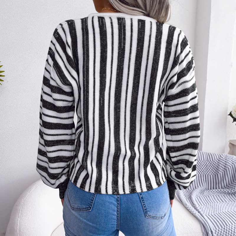 Striped Bandage Lantern Sleeve Sweater - Image 7