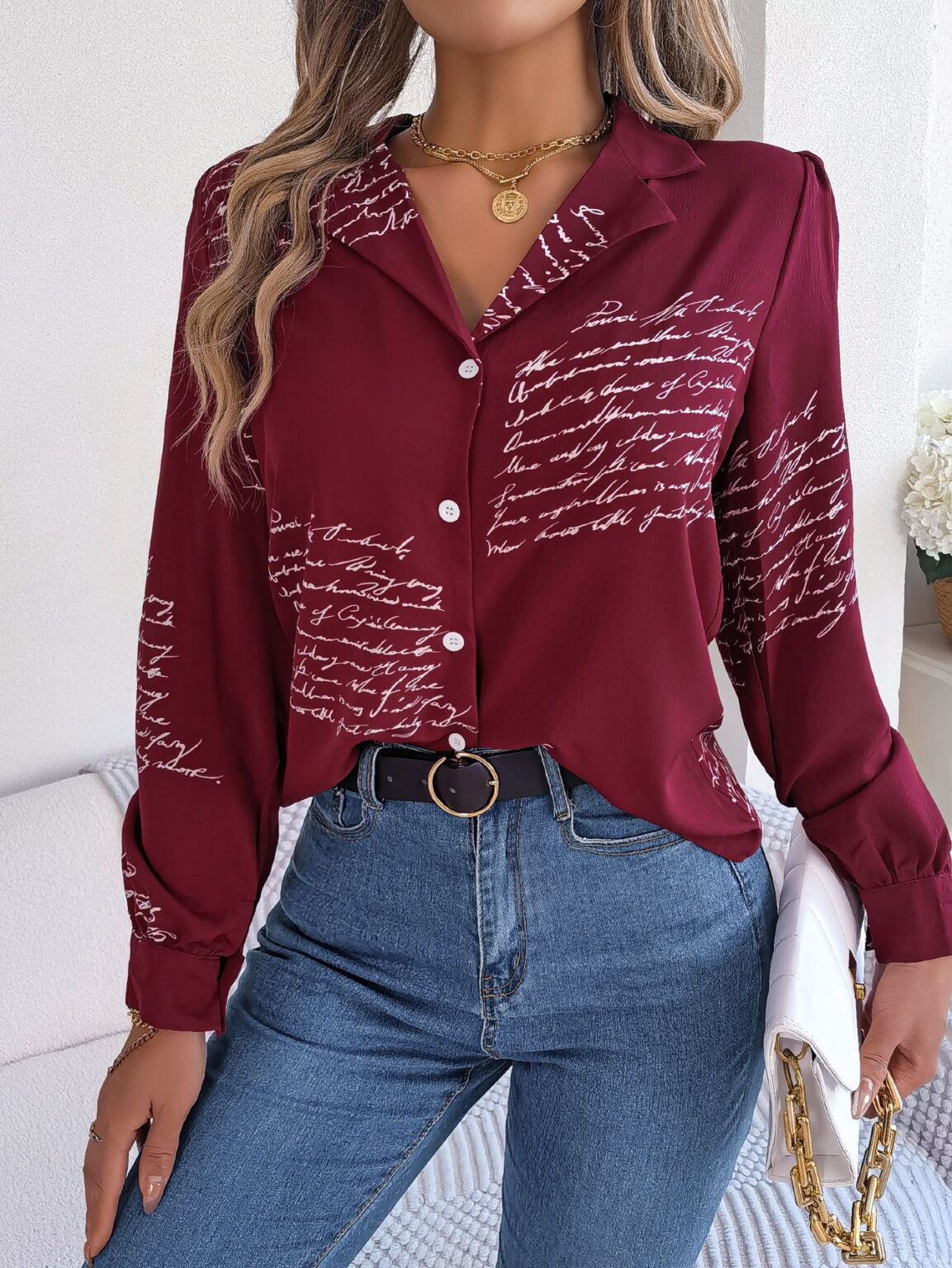 Letter-Embossed Suit Collar Long Sleeve Shirt for Autumn - Image 4