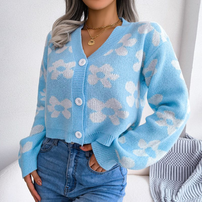 Contrast Floral Lantern Sleeve Cardigan - Image 4
