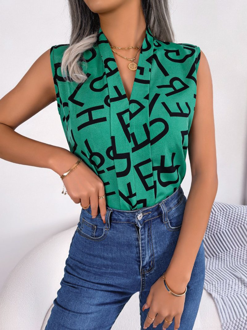 Casual Office Letter Graphic V-Neck Chiffon Blouse Top - Image 8
