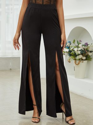 Women Pants Summer High Waist Casual Knitted Slit Straight-Leg Trousers