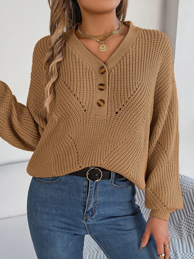 Button Lantern Sleeve Pullover Sweate - Image 7