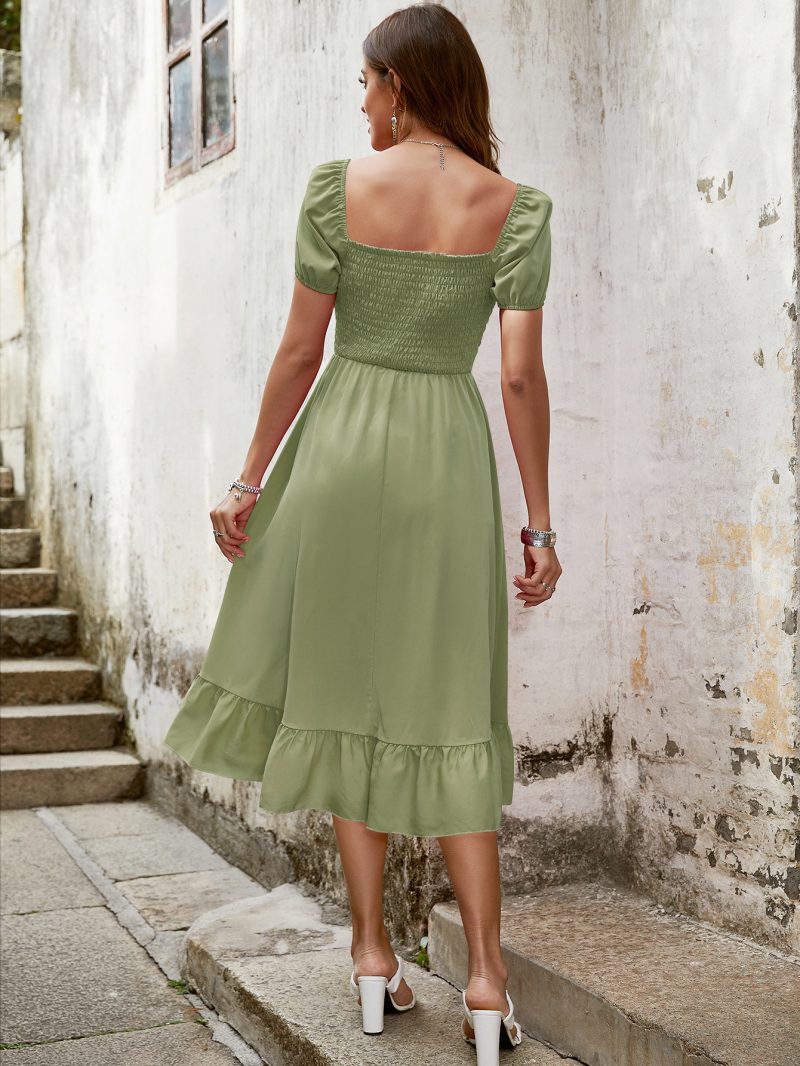 Office Solid Color Red Dress - Puff Sleeve, High Waist - Image 6