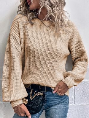 Elegant Round Neck Lantern Sleeve Women’s Sweater