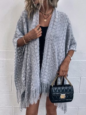 Chic Crochet Hollow Out Cutout Tassel Cape Shawl Sweater Cardigan