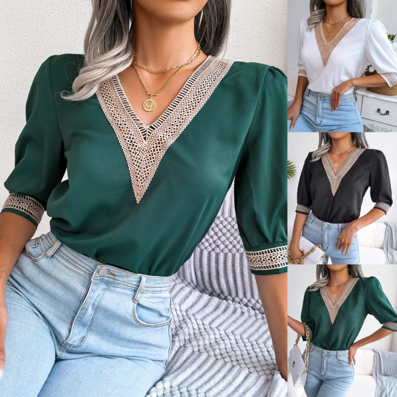 Lace V-Neck Half Sleeve Chiffon Shirt - Image 2