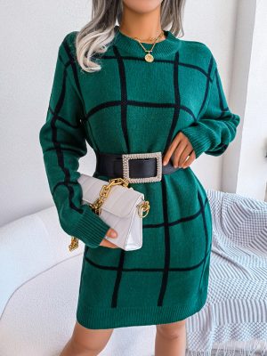 Check Long Sleeve Sweater Dress