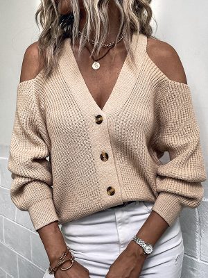 Buttoned Autumn Winter Sexy Off-Shoulder Sweater