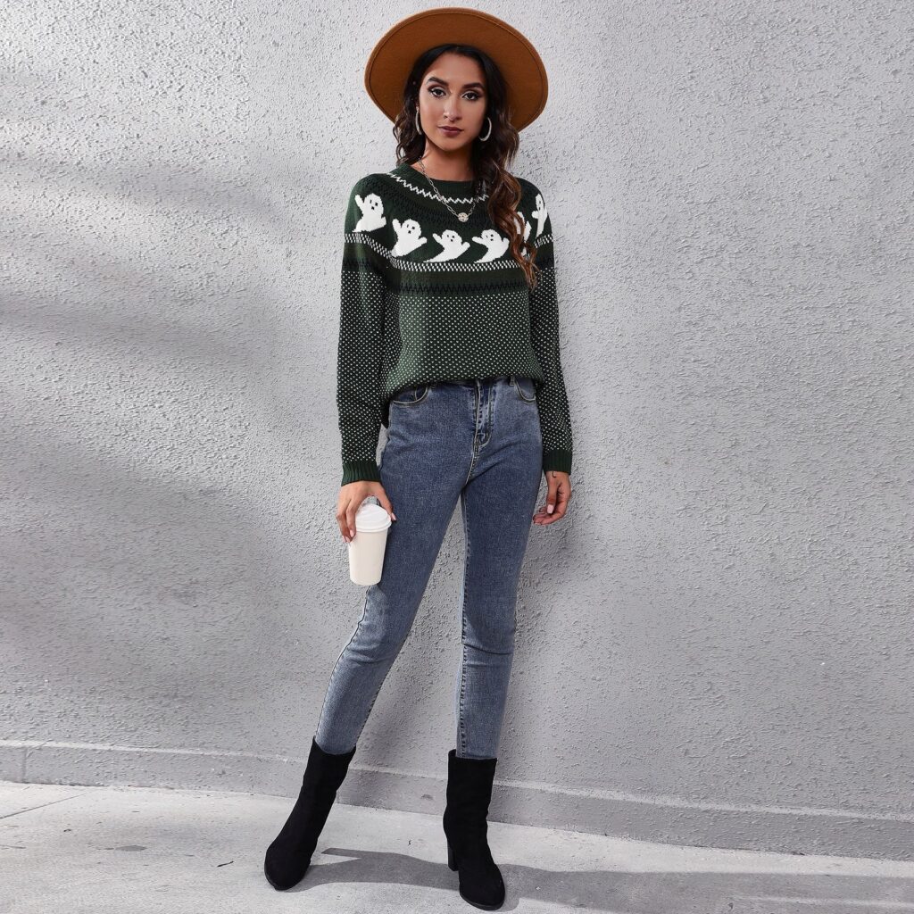 Ghost Skull Jacquard Retro Dots Long-Sleeved Knitted Sweater  Loose Autumn Winter Women Halloween - Image 9