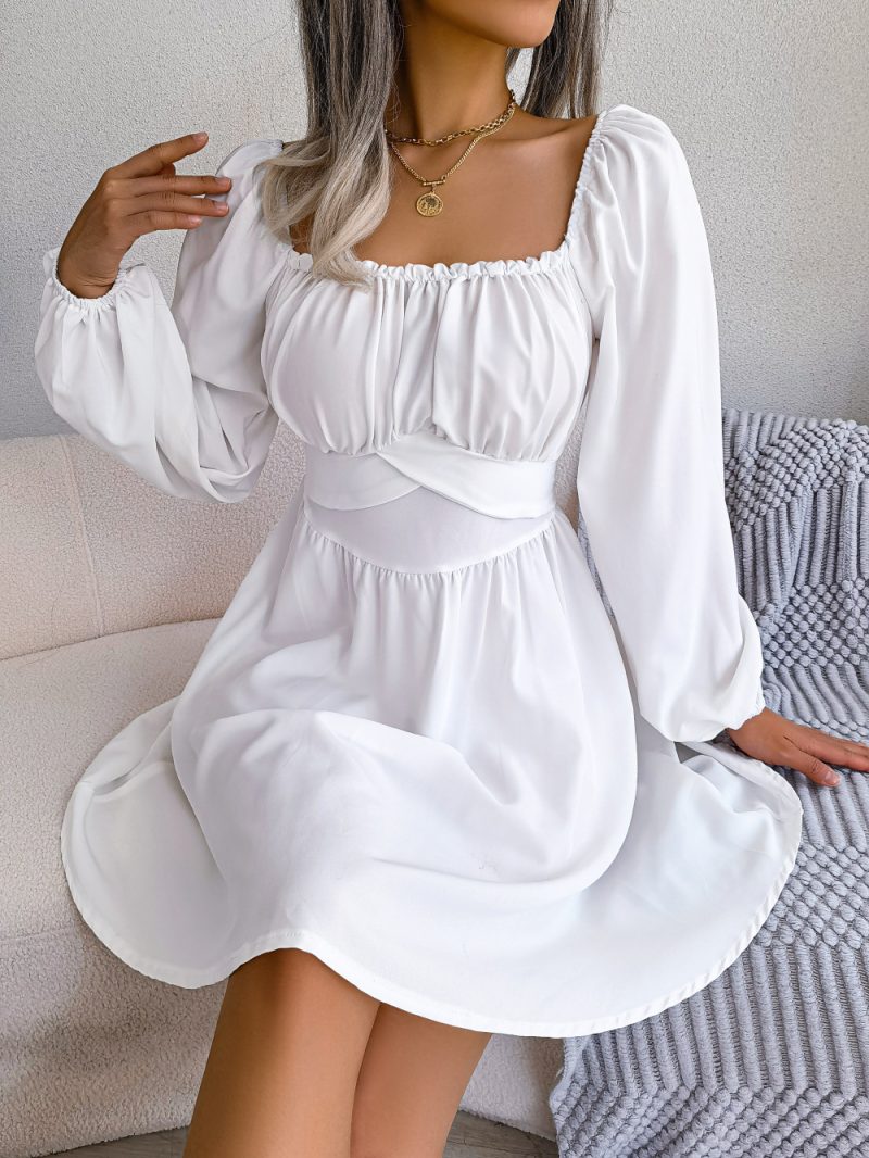 Casual Solid Color Square Neck Cinched Swing Dress - Image 7