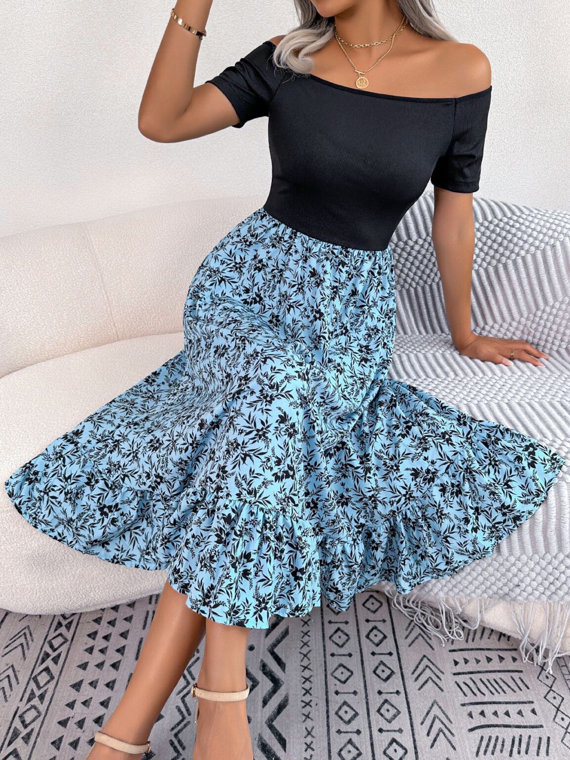 Casual Off-Shoulder Floral Ruffled Midi Dress - Image 6