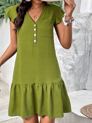 V-Neck Button Short Sleeve Dress – Solid Color