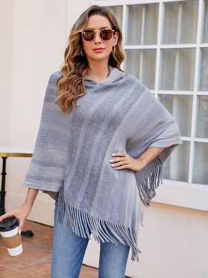 Knitted Tassel Shawl Cape Women Autumn Winter Striped Hooded Women Scarf