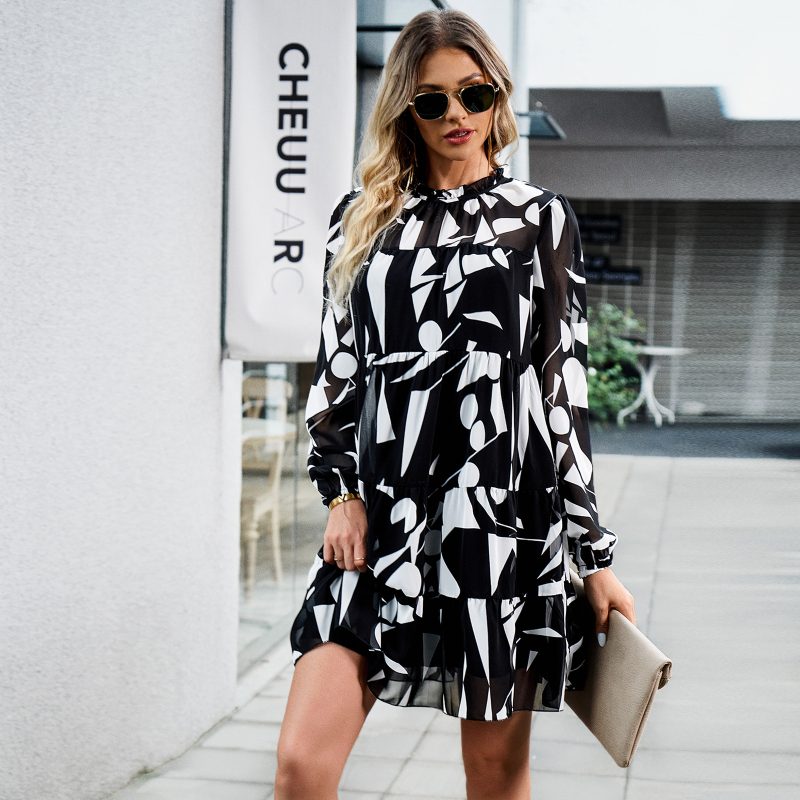Elegant Long Sleeve Print Dress - Autumn/Winter - Image 3