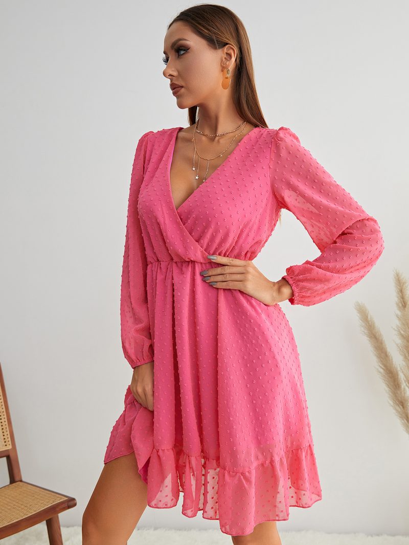 Deep V-Neck Ruffled Dress - Lantern Sleeve Style - Image 4