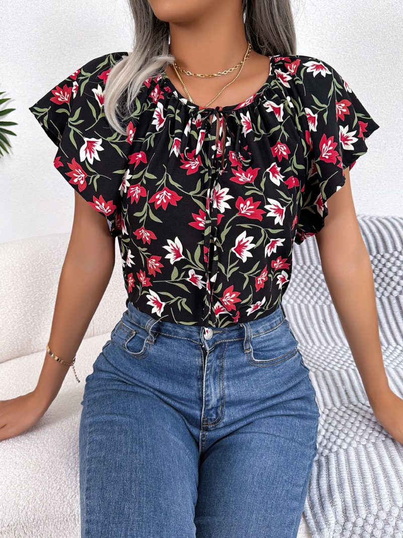 Casual Loose Chiffon Shirt Top with Lotus Leaf Self-Tie - Image 3