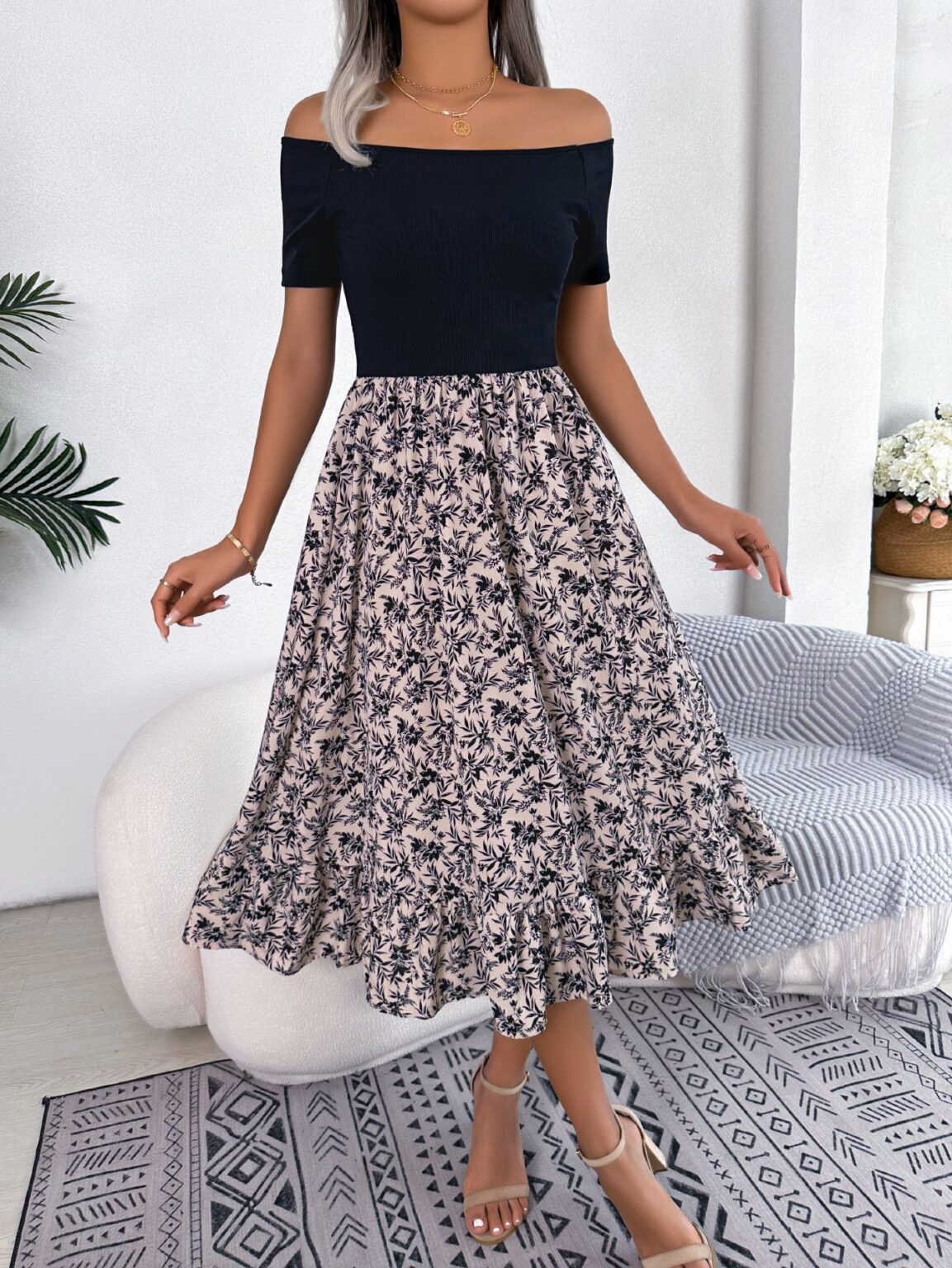 Casual Off-Shoulder Floral Ruffled Midi Dress - Image 9
