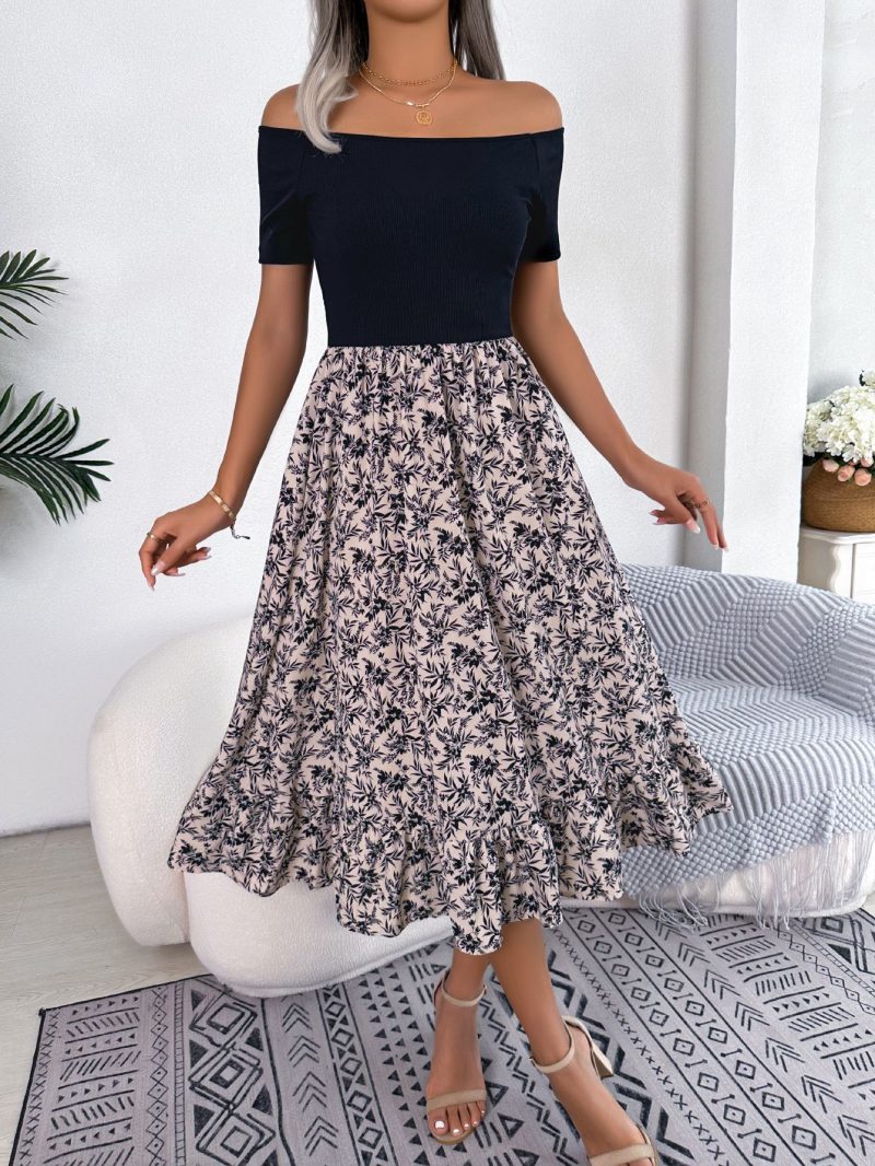 Casual Off-Shoulder Floral Ruffled Midi Dress - Image 9