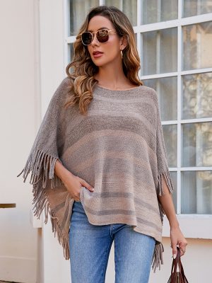 off  Neck Tassel Shawl Women Autumn Contrast Color Striped Cape Coat