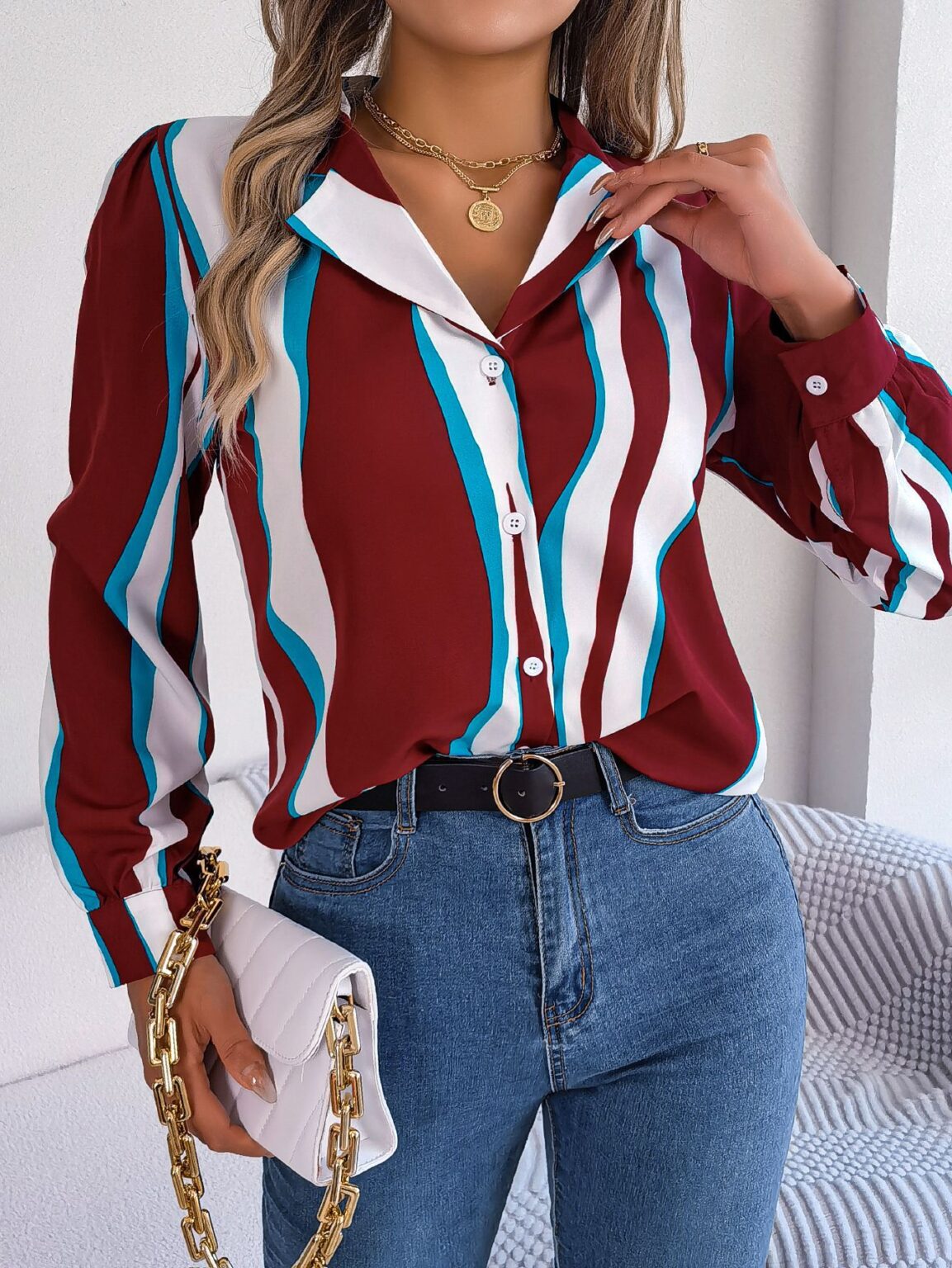 Striped Suit Collar Long Sleeve Shirt for Autumn/Winter - Image 7
