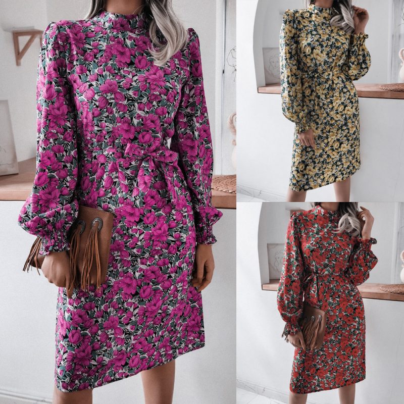 Floral Lantern Sleeve Chiffon Dress - Image 5