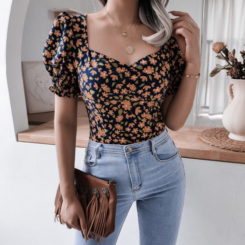 Casual Square Collar Floral Chiffon Blouse - Image 7